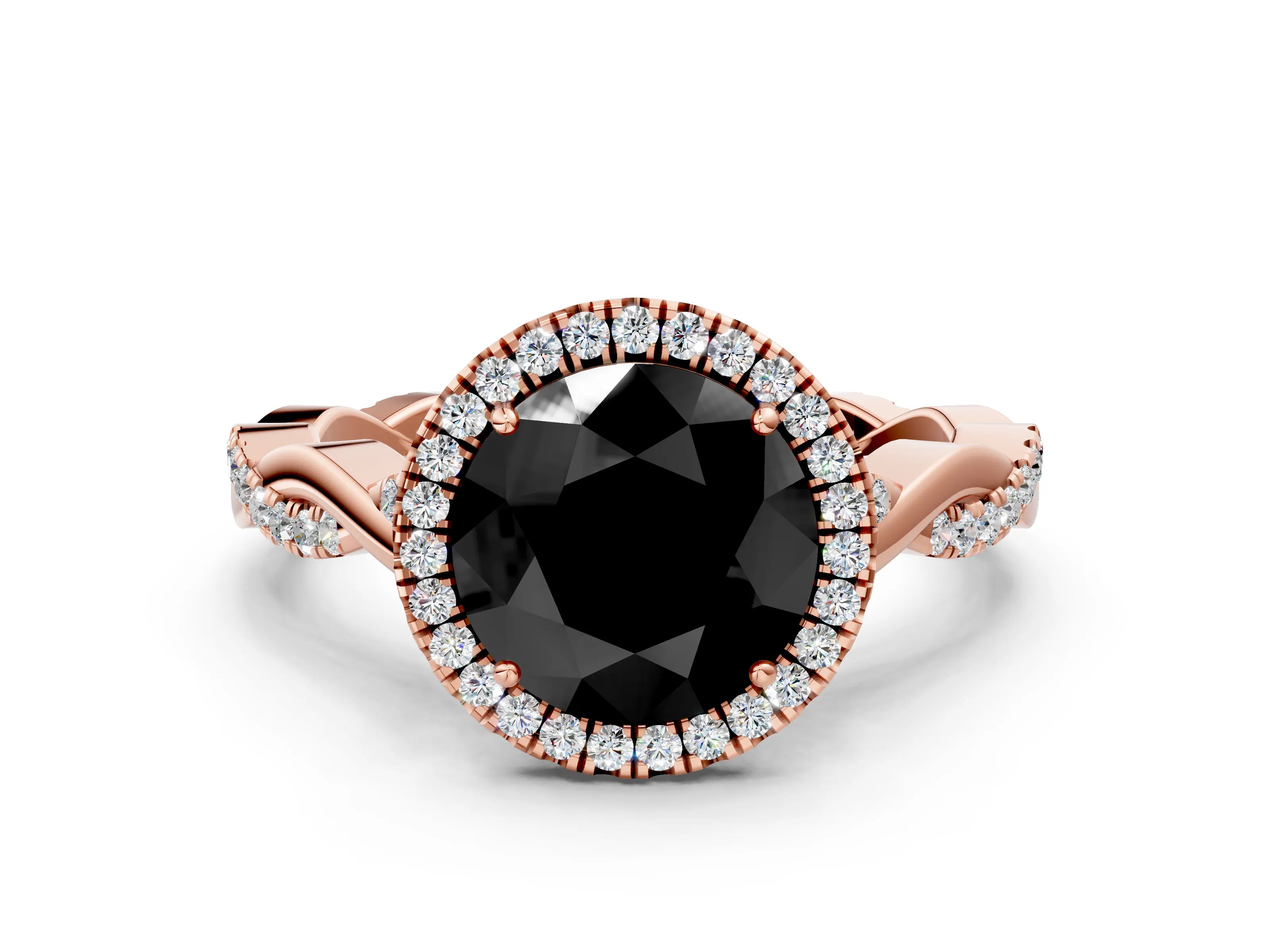 Rose gold Fancy Black Round Cut Halo Twist Band with Four-Prong Setting