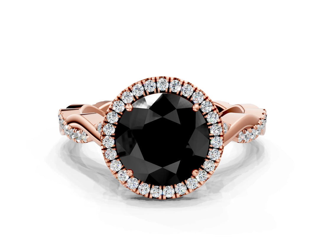 Rose gold Fancy Black Round Cut Halo Twist Band with Four-Prong Setting_12