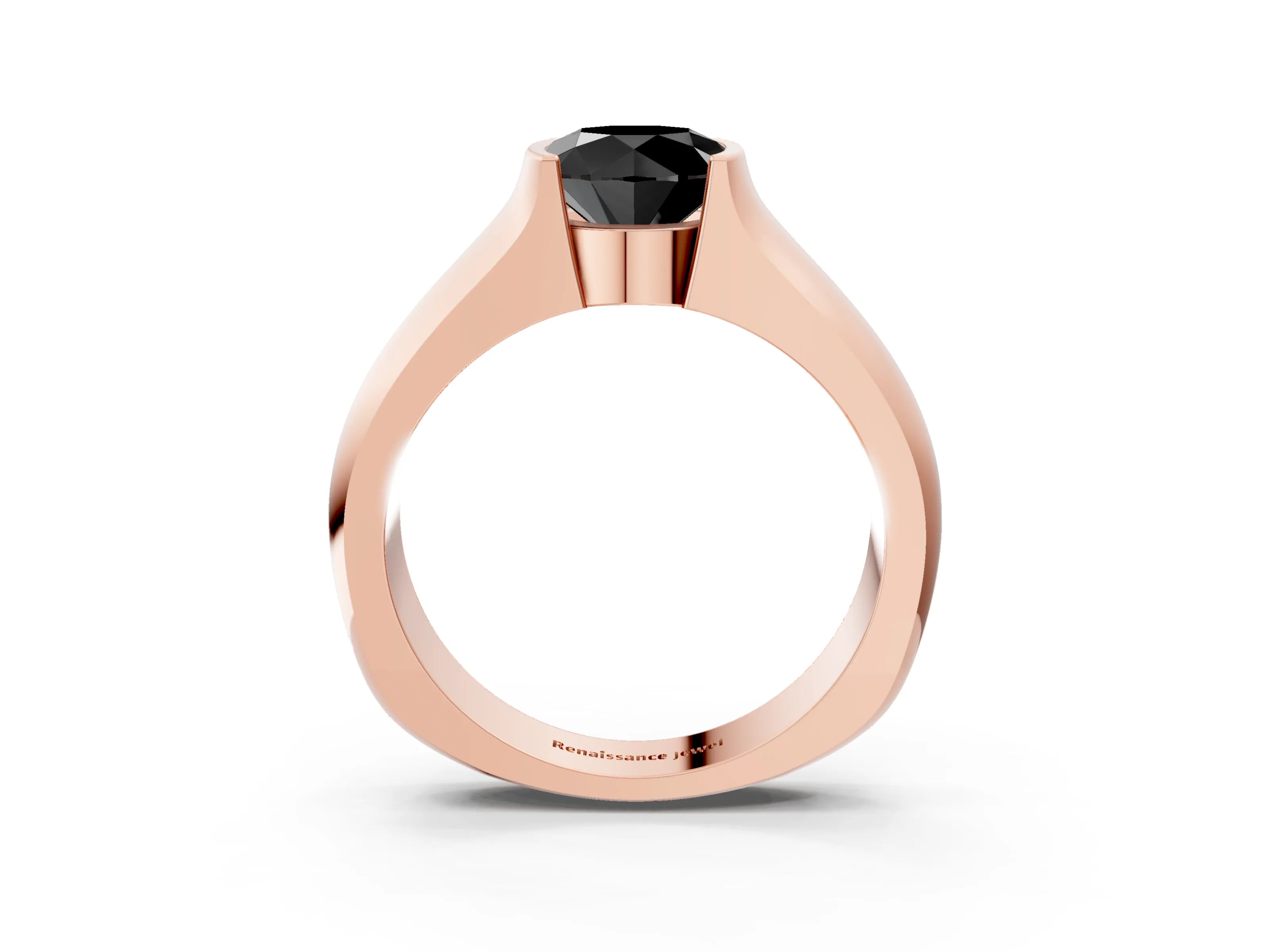 Rose gold Fancy Black Round Cut Solitaire Bezel Set Diamond Ring with Wide Band_3