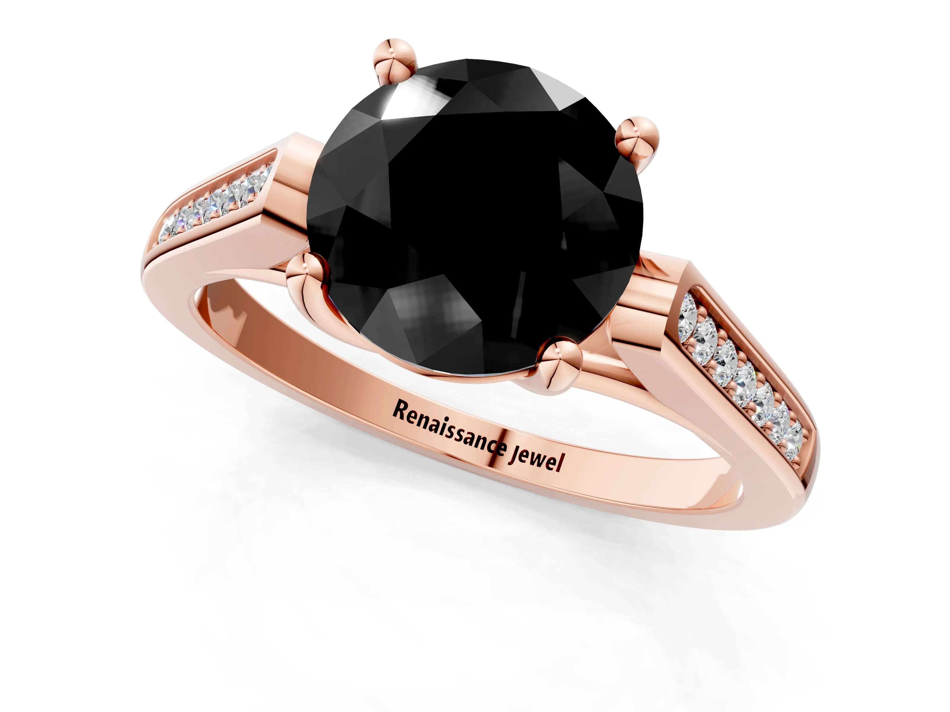 Rose gold Fancy Black Round Cut Solitaire Cathedral Diamond Engagement Ring with Channel-Set Band and Four-Prong Setting_4
