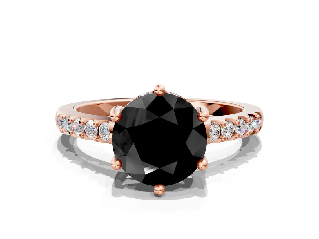 Rose gold Fancy Black Round Cut Solitaire Diamond Engagement Ring with Pavé Band and Six-Prong Setting