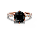 Rose gold Fancy Black Round Cut Solitaire Diamond Engagement Ring with Pavé Band and Six-Prong Setting