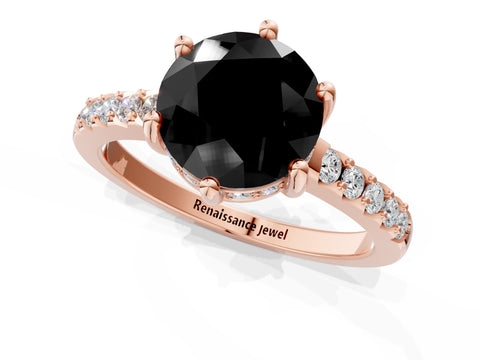 Rose gold Fancy Black Round Cut Solitaire Diamond Engagement Ring with Pavé Band and Six-Prong Setting_1