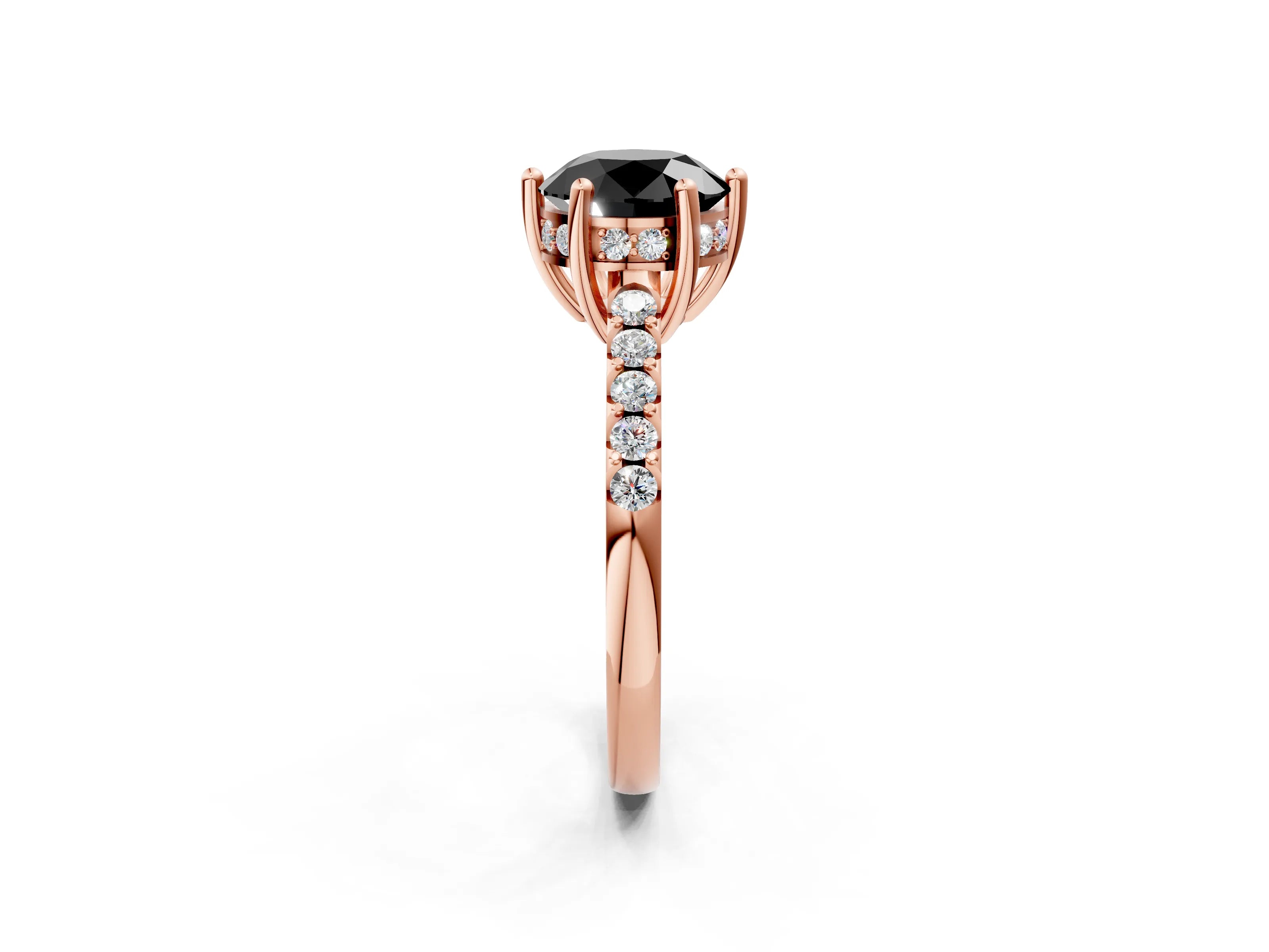 Rose gold Fancy Black Round Cut Solitaire Diamond Engagement Ring with Pavé Band and Six-Prong Setting_2
