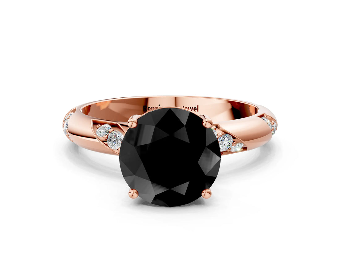 Rose gold Fancy Black Round Cut Solitaire Diamond Engagement Ring with Twisted Pave Band and Four-Prong Setting_3