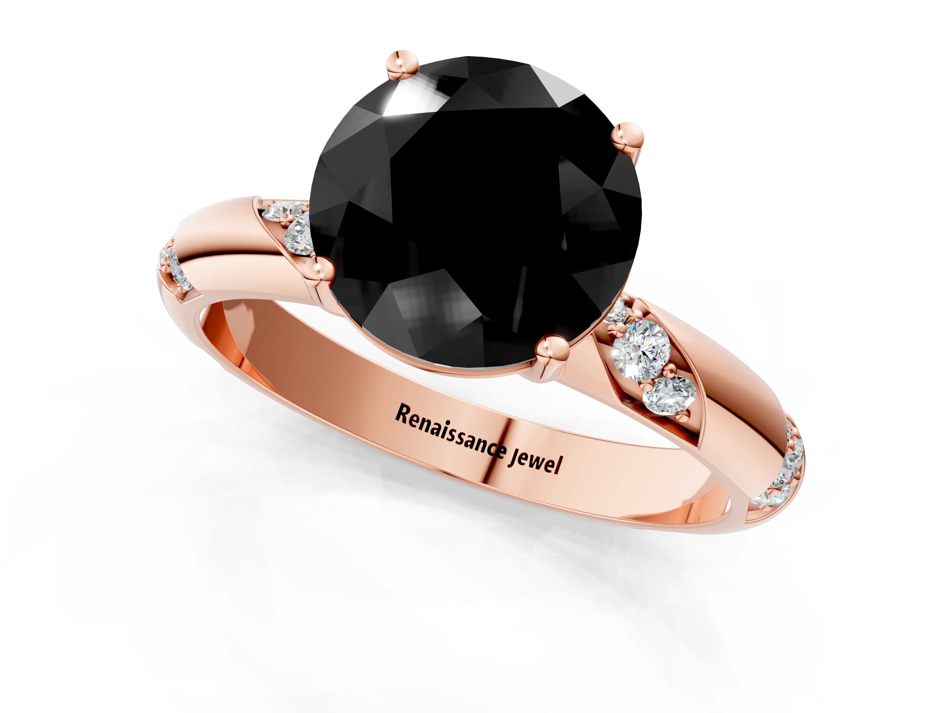 Rose gold Fancy Black Round Cut Solitaire Diamond Engagement Ring with Twisted Pave Band and Four-Prong Setting_4
