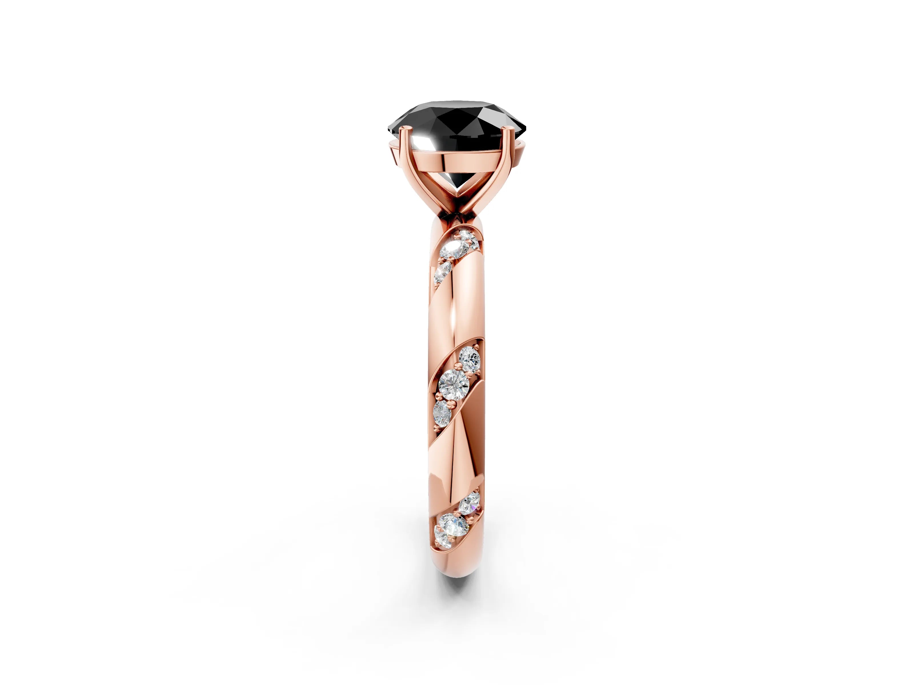 Rose gold Fancy Black Round Cut Solitaire Diamond Engagement Ring with Twisted Pave Band and Four-Prong Setting_5