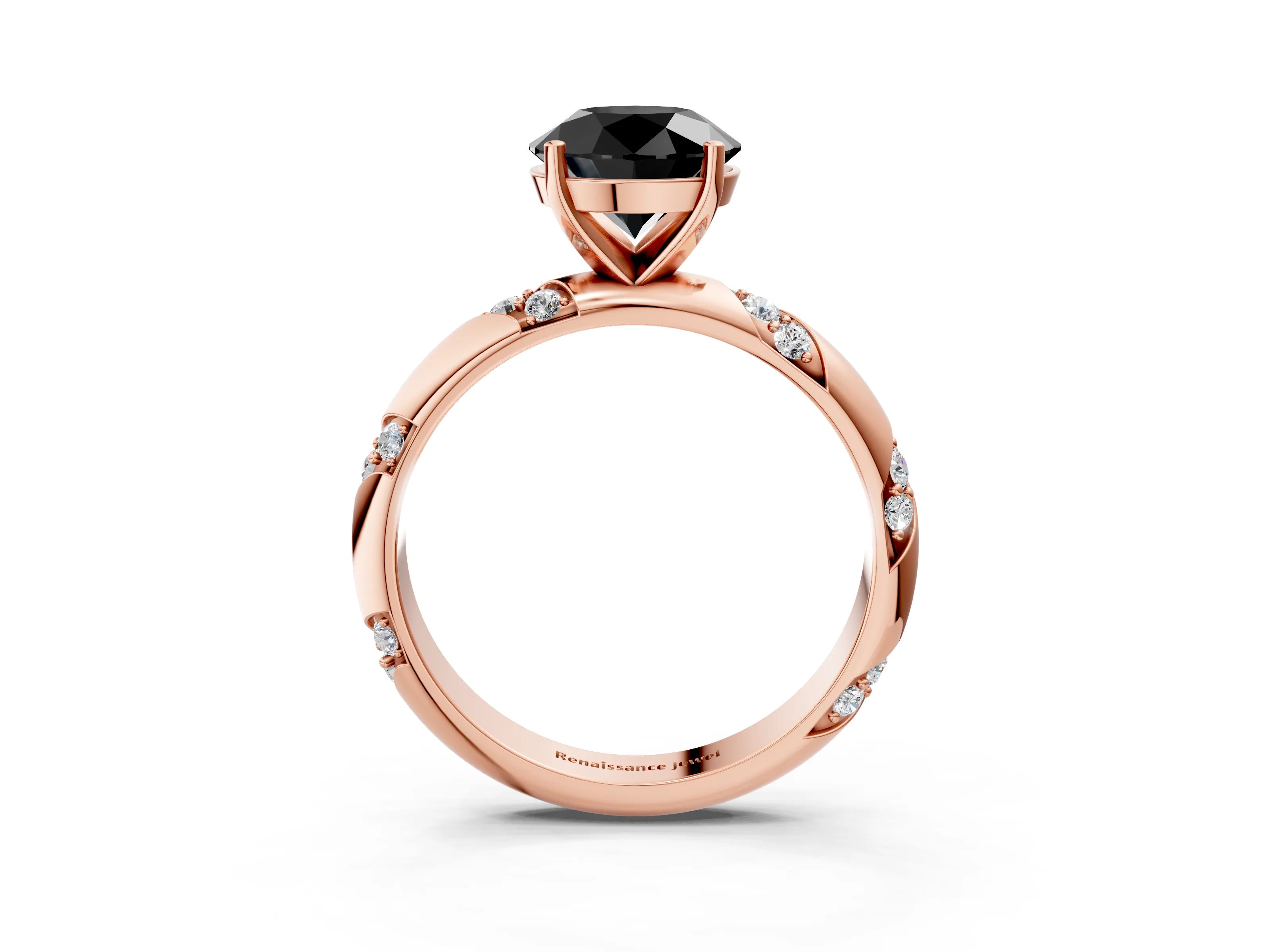 Rose gold Fancy Black Round Cut Solitaire Diamond Engagement Ring with Twisted Pave Band and Four-Prong Setting_6
