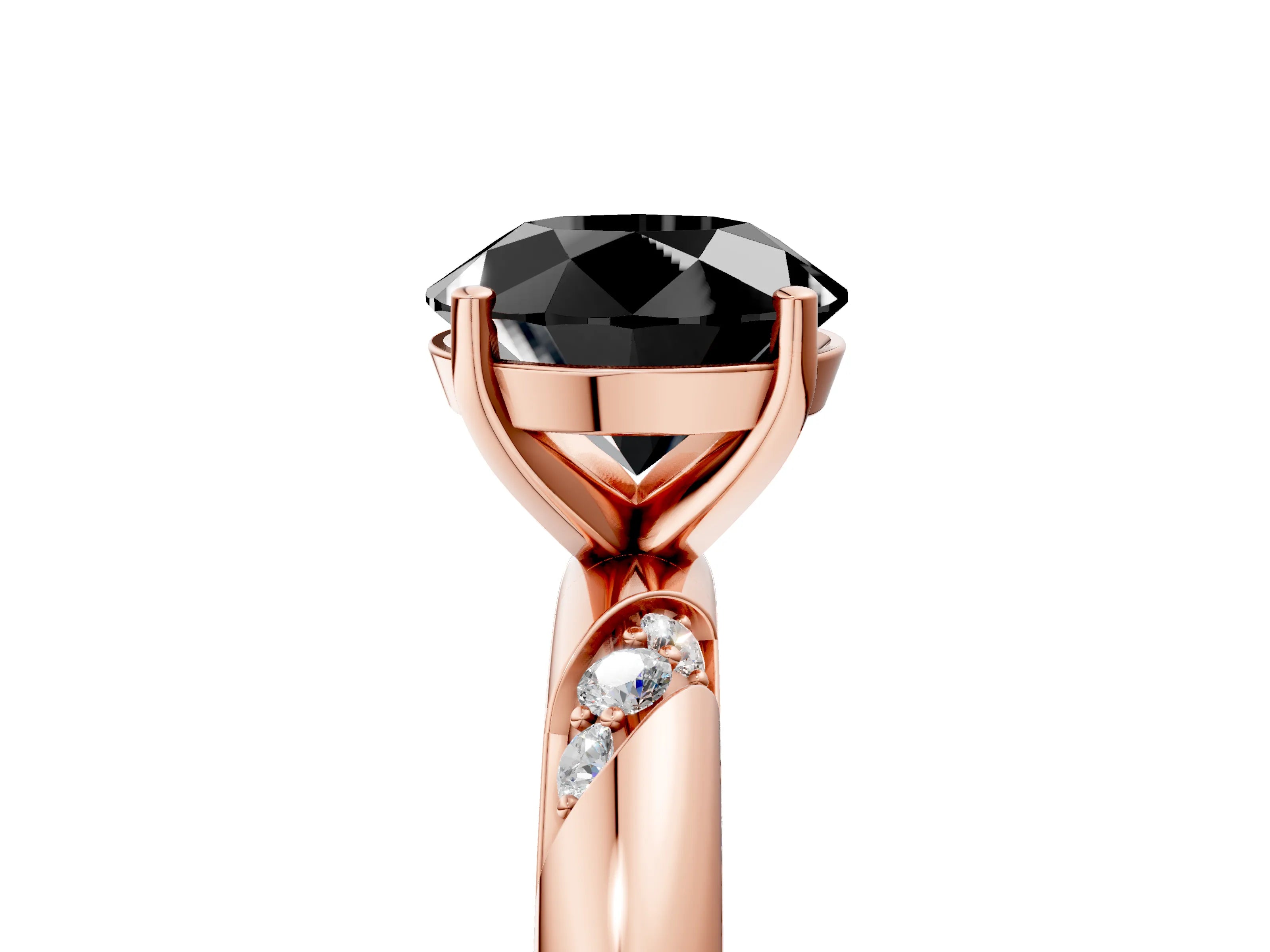 Rose gold Fancy Black Round Cut Solitaire Diamond Engagement Ring with Twisted Pave Band and Four-Prong Setting_8