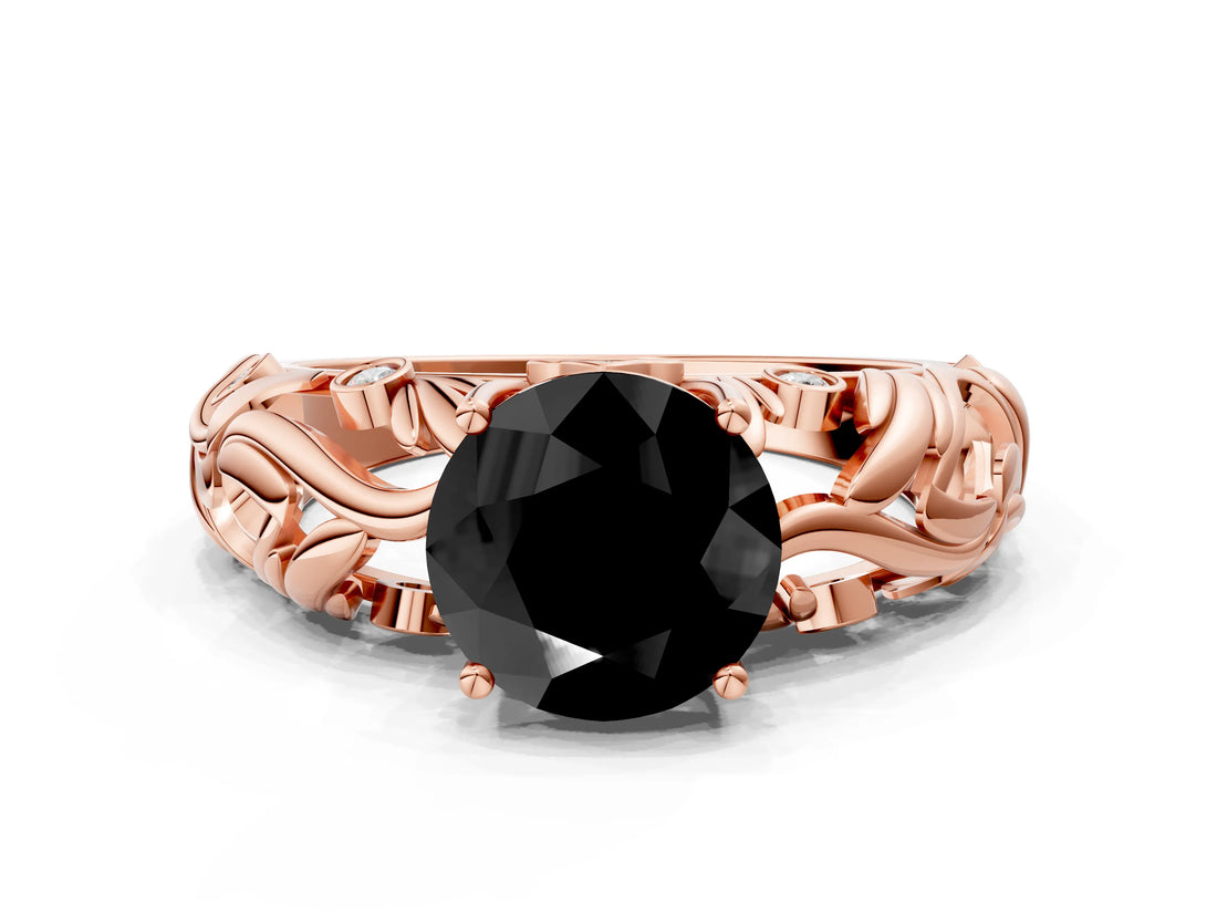 Rose gold Fancy Black Round Cut Solitaire Diamond Leaf-Inspired Vine Band Ring with Prong Setting