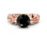 Rose gold Fancy Black Round Cut Solitaire Diamond Leaf-Inspired Vine Band Ring with Prong Setting