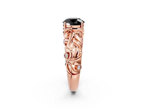 Rose Gold Round Leaf Vine Solitaire Engagement Ring Setting for Black Center with Bezel-Set Accents