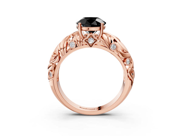 Rose Gold Round Leaf Vine Solitaire Engagement Ring Setting for Black Center with Bezel-Set Accents