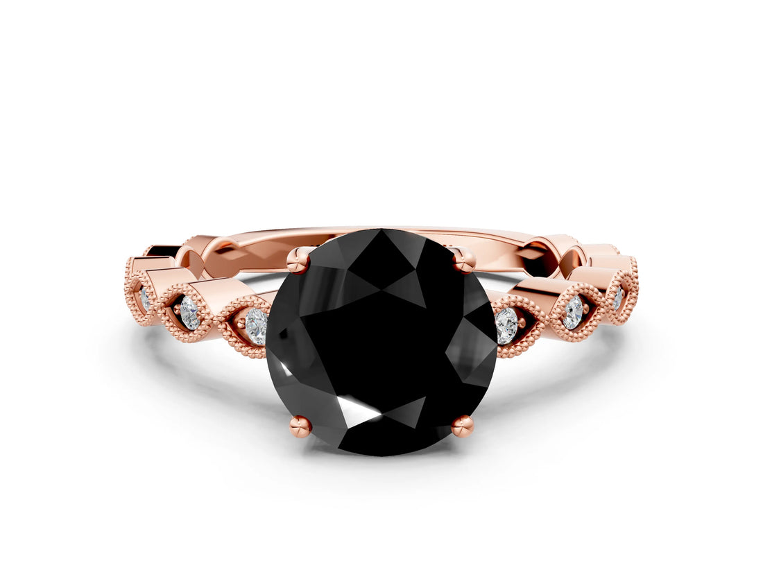 Rose gold Fancy Black Round Cut Solitaire Diamond Ring with Infinity Twist Band and Four-Prong Setting_12