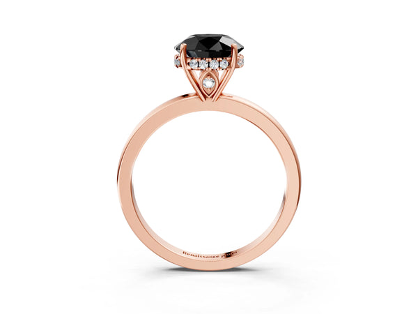 Rose Gold Round Hidden Halo Solitaire Engagement Ring Setting for Black Center with Thin Wire Band