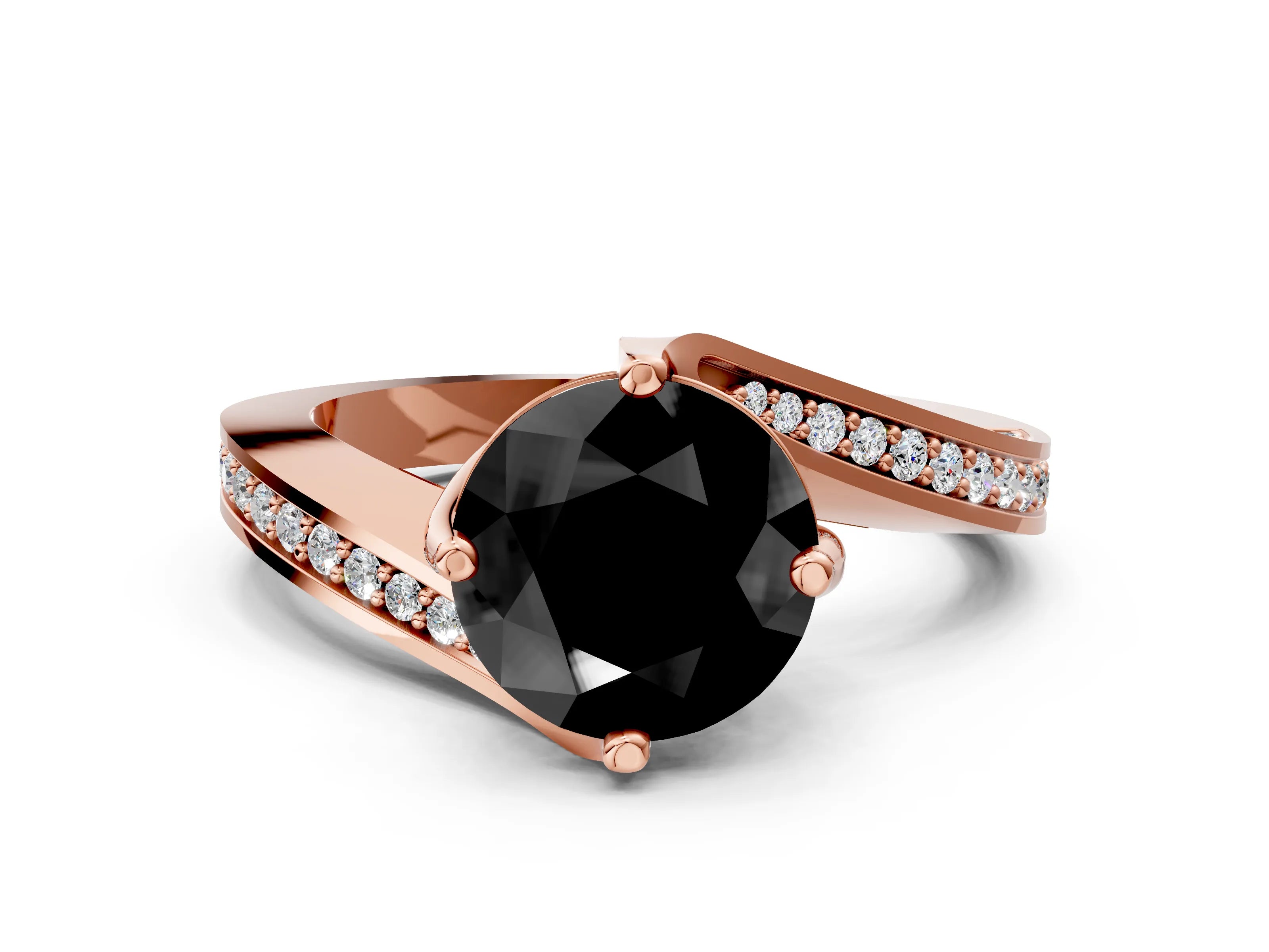 Rose gold Fancy Black Round Cut Solitaire Diamond Twist Band with Pavé Setting and Four-Prong Setting