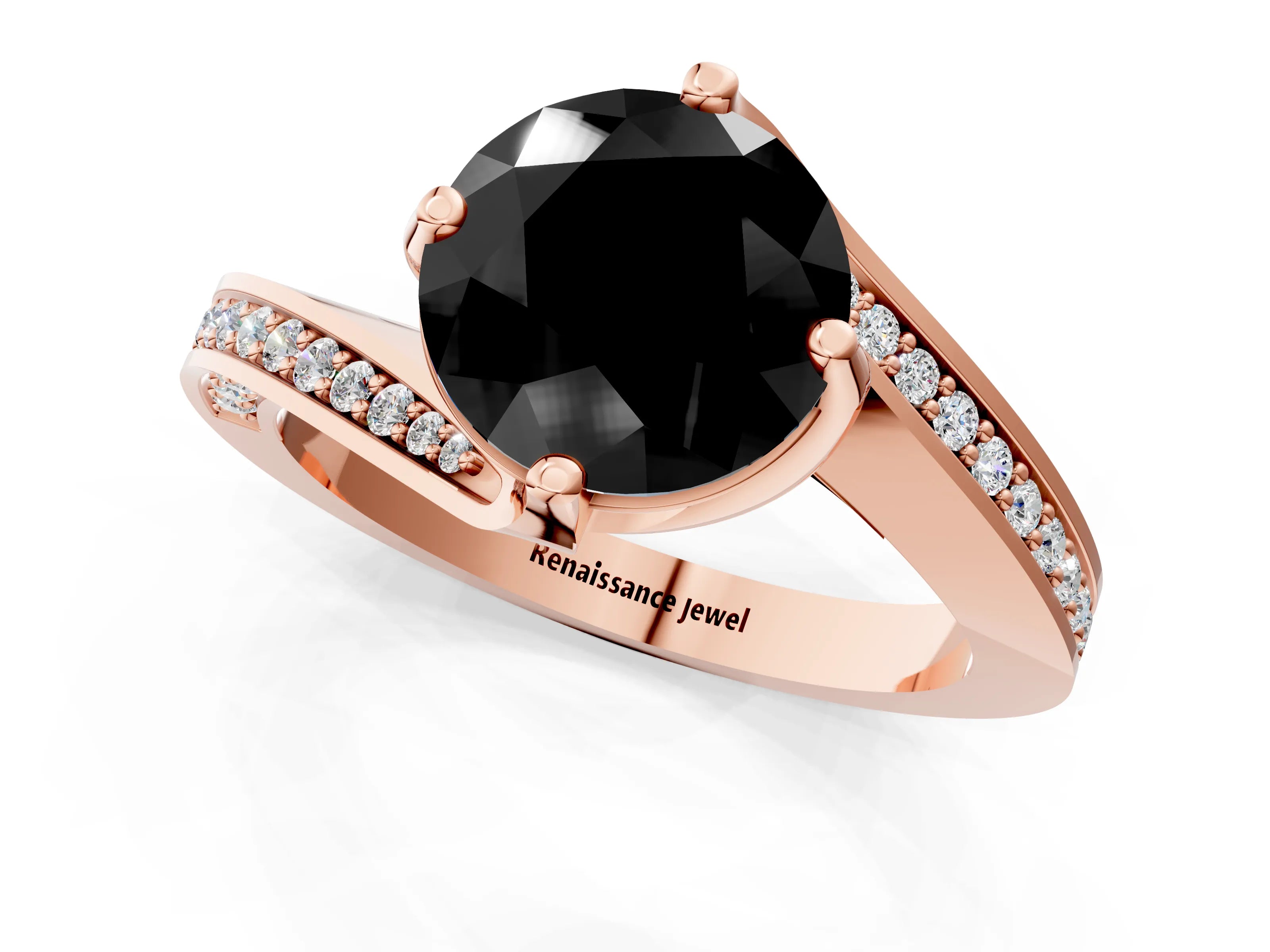 Rose gold Fancy Black Round Cut Solitaire Diamond Twist Band with Pavé Setting and Four-Prong Setting_1