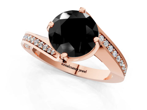 Rose gold Fancy Black Round Cut Solitaire Diamond Twist Band with Pavé Setting and Four-Prong Setting_1
