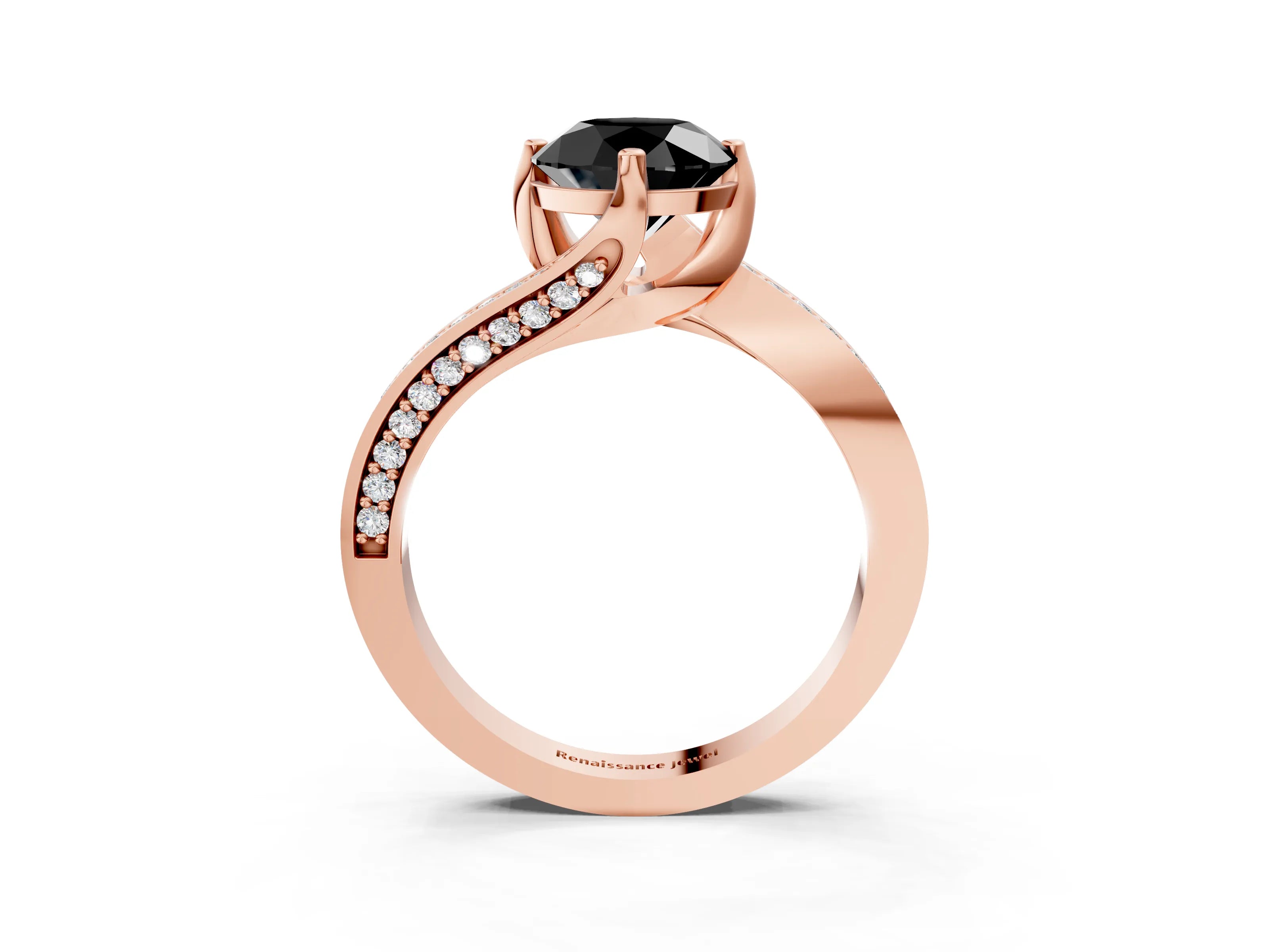 Rose gold Fancy Black Round Cut Solitaire Diamond Twist Band with Pavé Setting and Four-Prong Setting_3