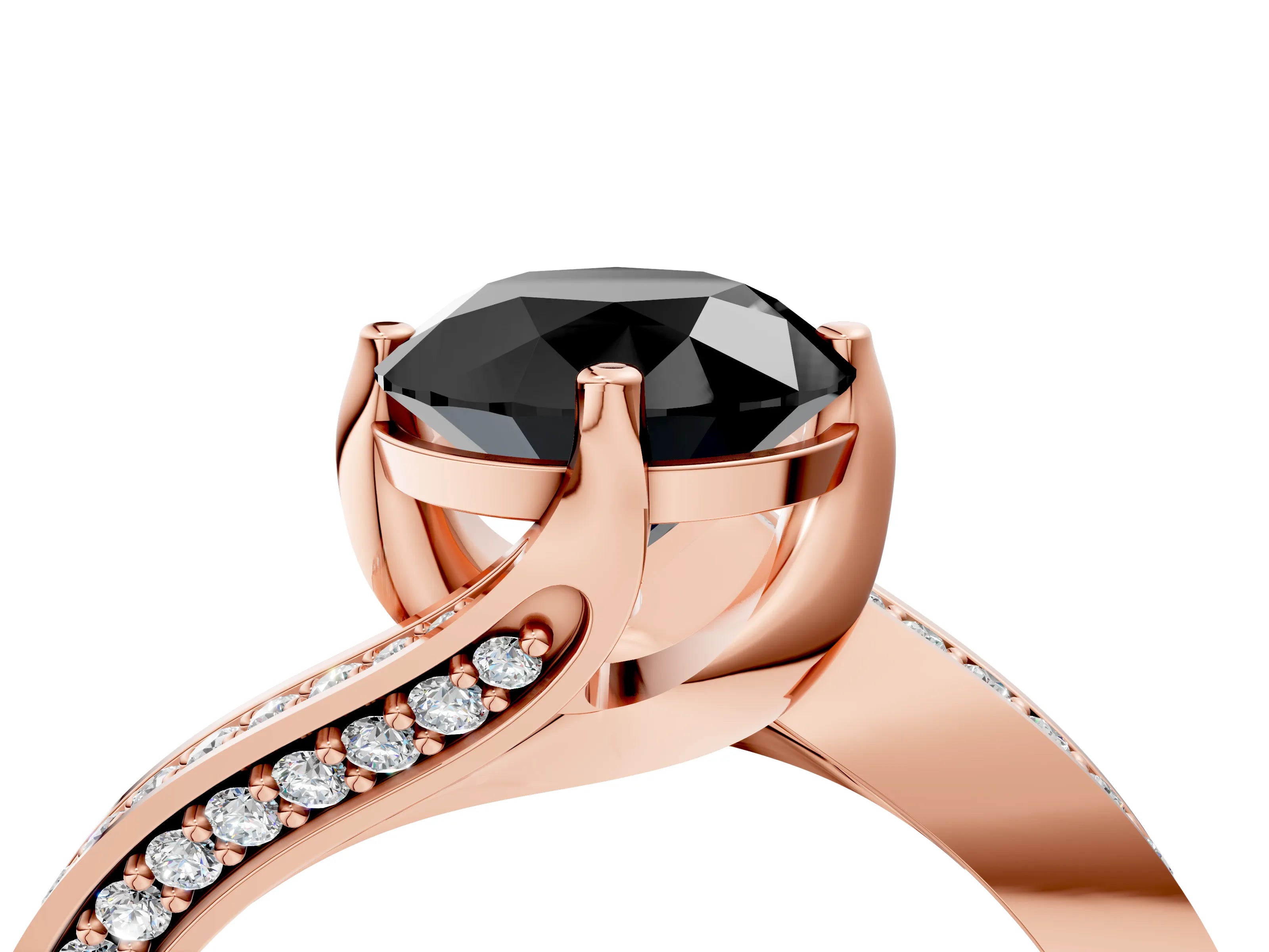 Rose gold Fancy Black Round Cut Solitaire Diamond Twist Band with Pavé Setting and Four-Prong Setting_4