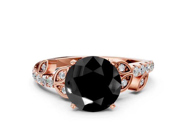 Rose Gold Round Leaf Solitaire Engagement Ring Setting for Black Center with Pave Band