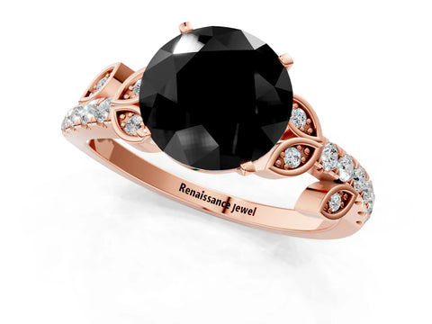 Rose gold Fancy Black Round Cut Solitaire Leaf-Inspired Diamond Ring with Pavé Band and Four-Prong Setting_1