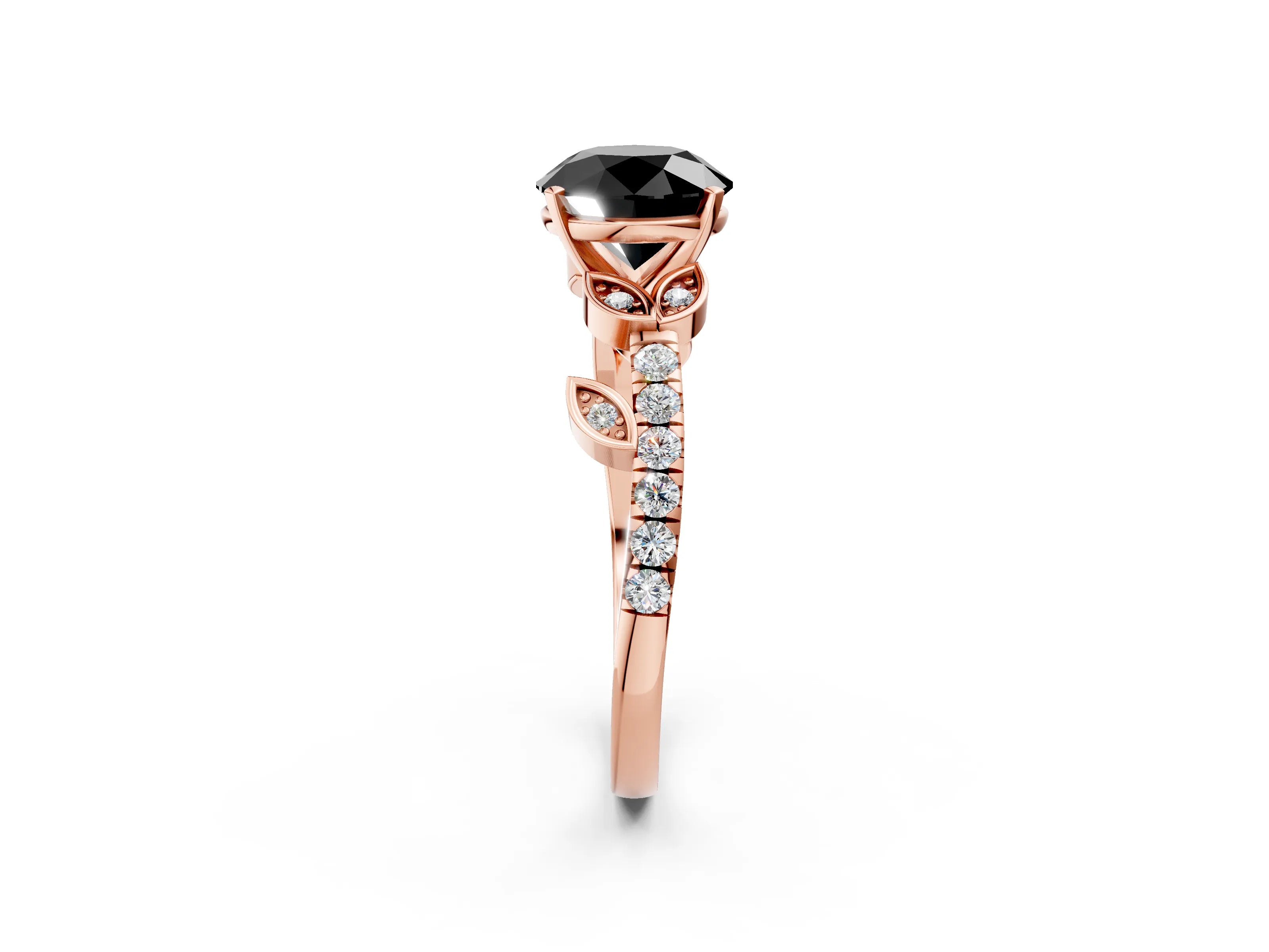 Rose gold Fancy Black Round Cut Solitaire Leaf-Inspired Diamond Ring with Pavé Band and Four-Prong Setting_2