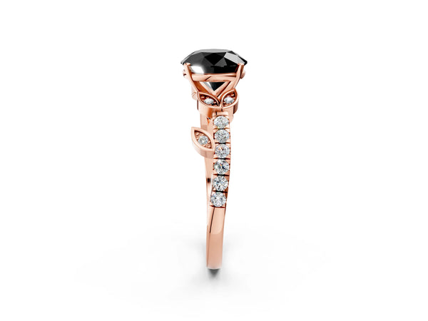 Rose Gold Round Leaf Solitaire Engagement Ring Setting for Black Center with Pave Band