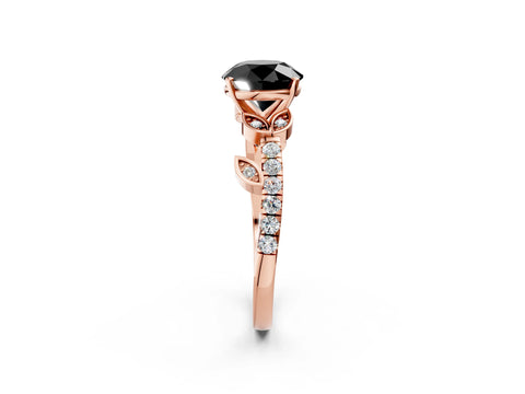 Rose gold Fancy Black Round Cut Solitaire Leaf-Inspired Diamond Ring with Pavé Band and Four-Prong Setting_2