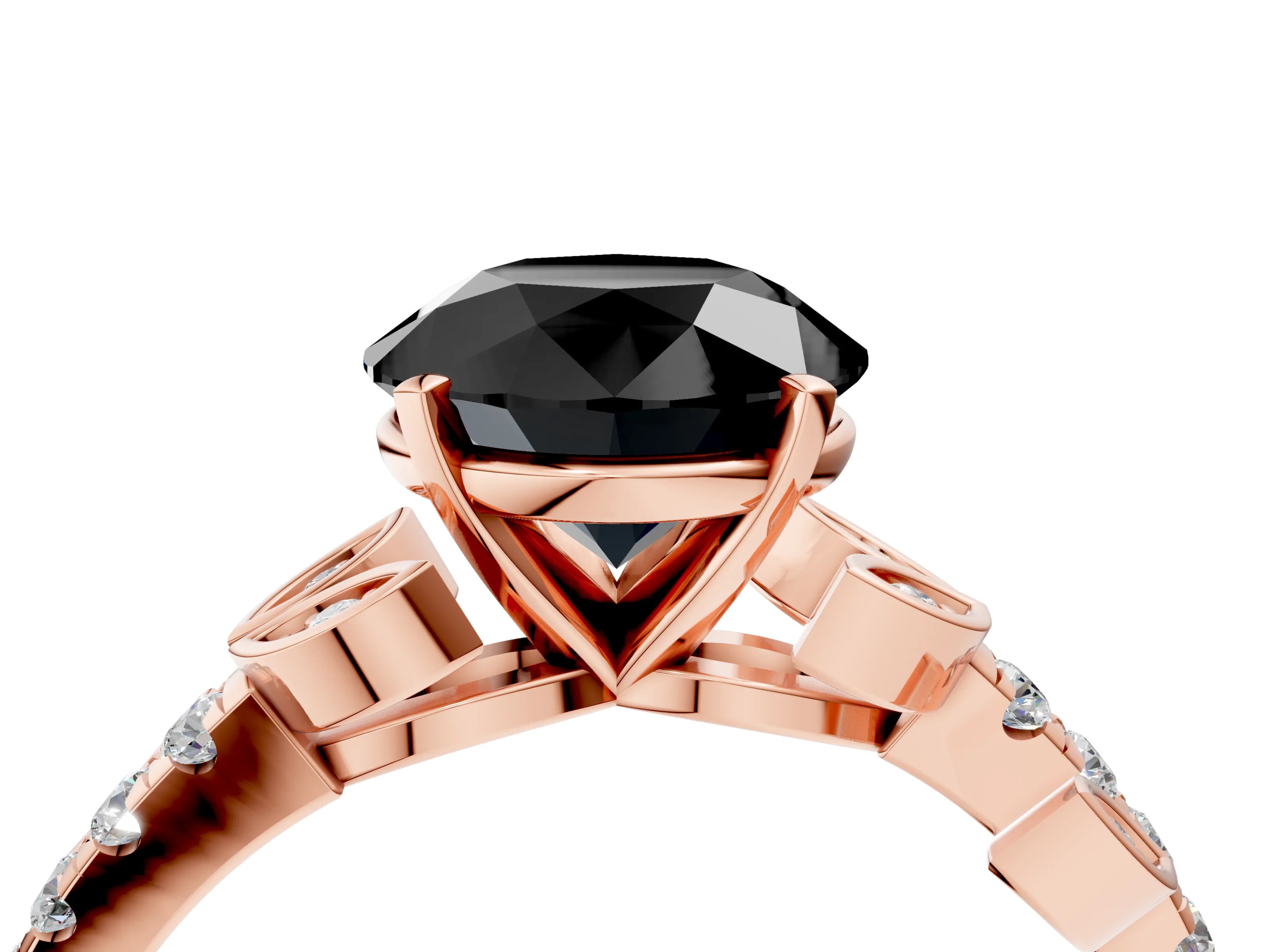 Rose gold Fancy Black Round Cut Solitaire Leaf-Inspired Diamond Ring with Pavé Band and Four-Prong Setting_4
