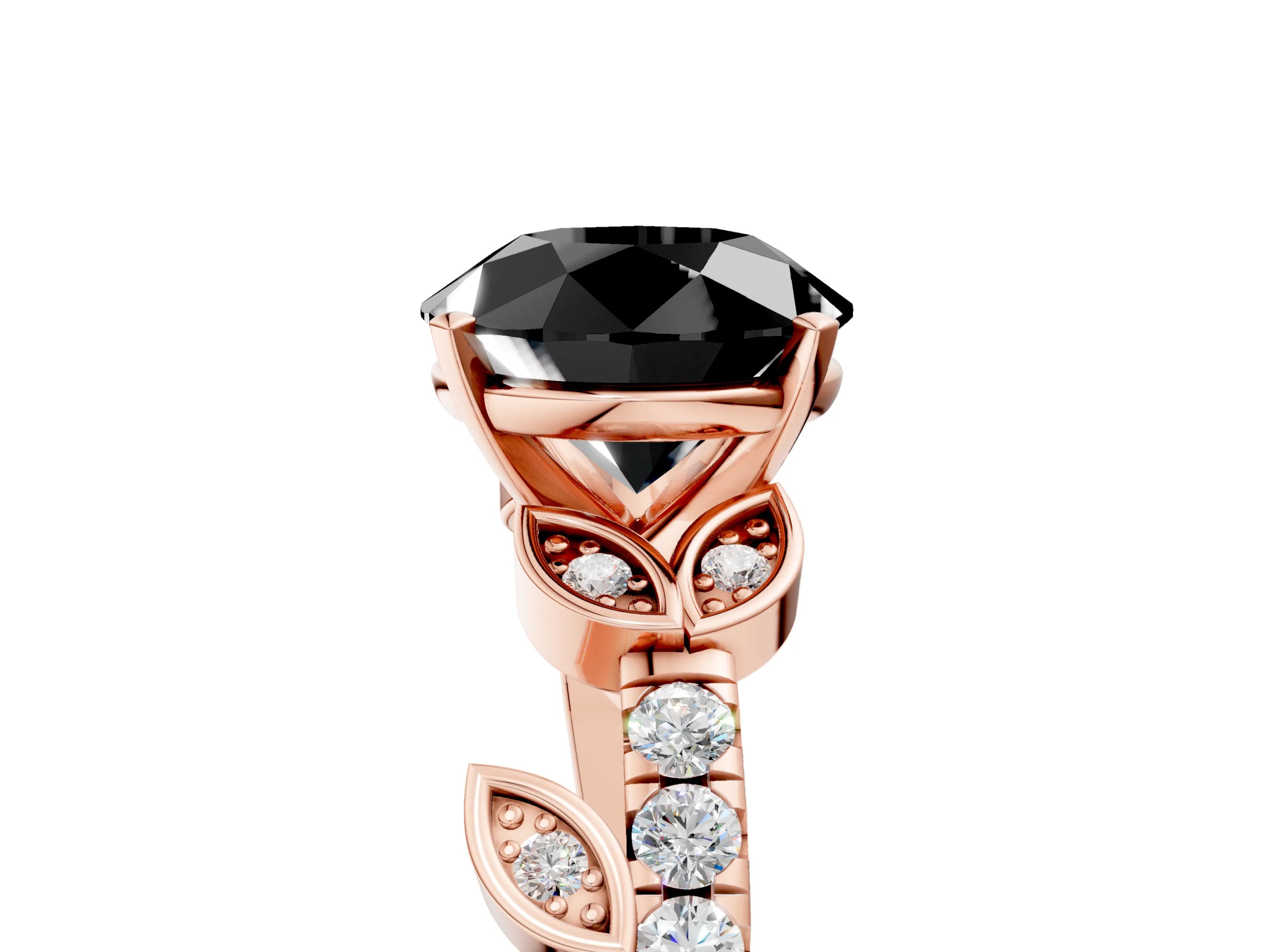 Rose gold Fancy Black Round Cut Solitaire Leaf-Inspired Diamond Ring with Pavé Band and Four-Prong Setting_5