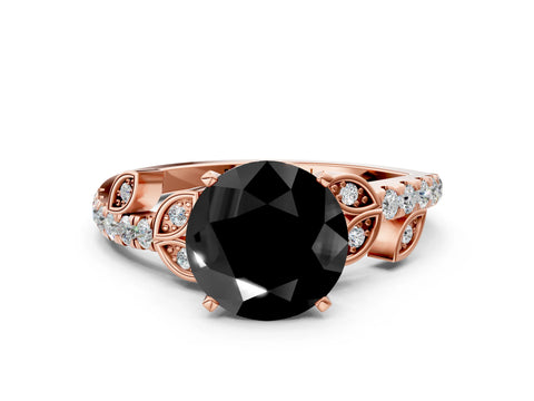Rose gold Fancy Black Round Cut Solitaire Leaf-Inspired Diamond Ring with Pavé Band and Four-Prong Setting