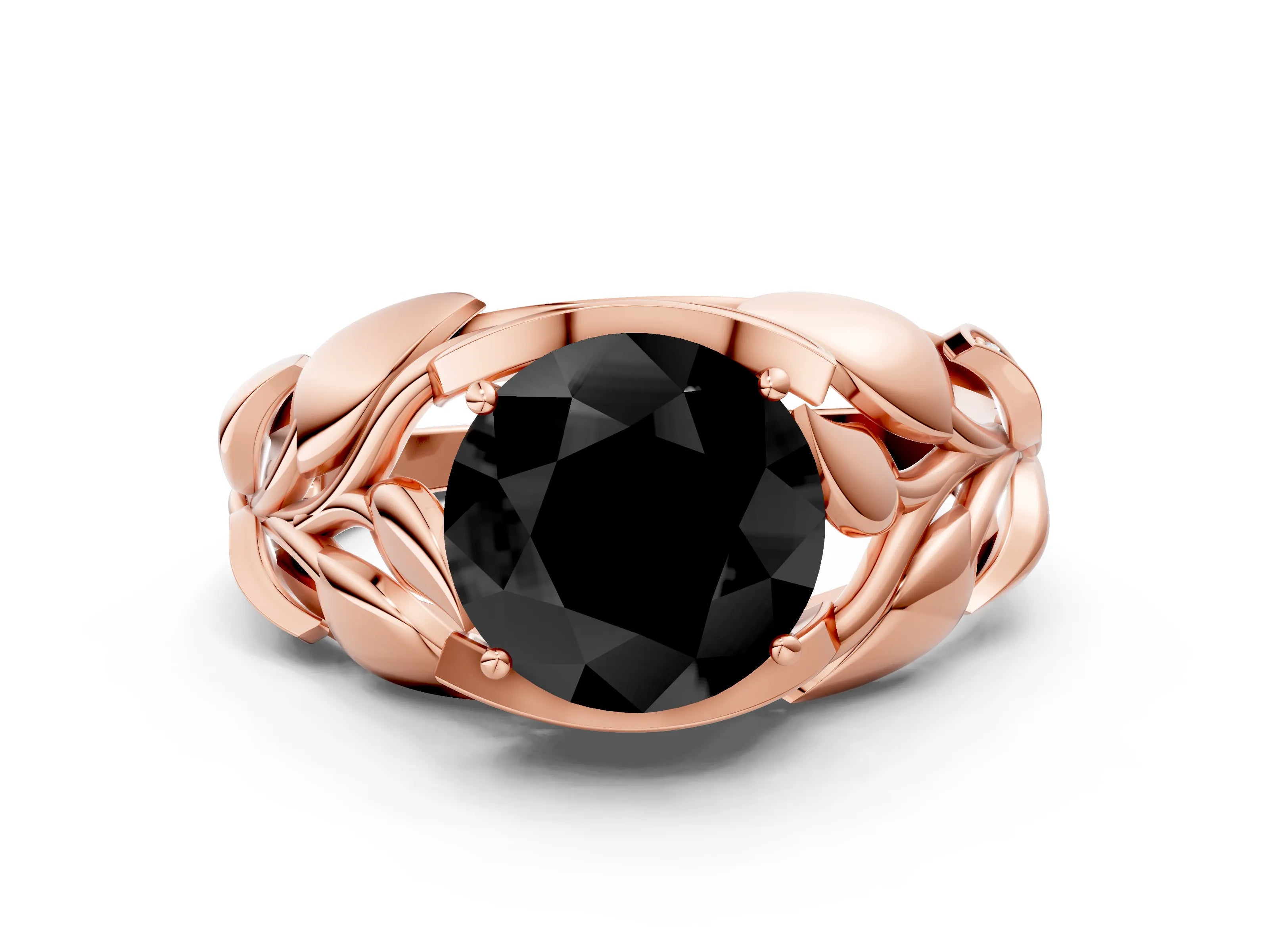 Rose gold Fancy Black Round Cut Solitaire Leaf-Inspired Engagement Ring with Prong Setting
