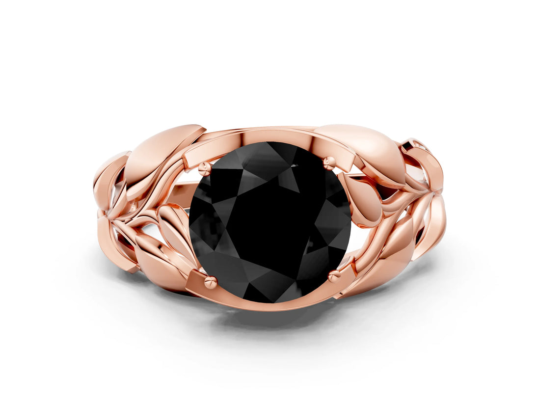 Rose gold Fancy Black Round Cut Solitaire Leaf-Inspired Engagement Ring with Prong Setting_12