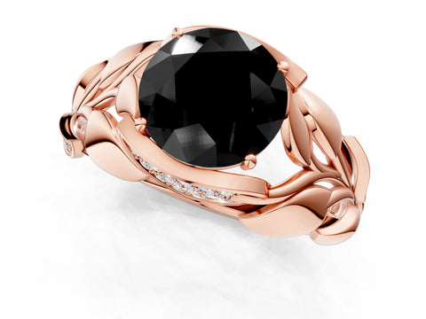 Rose gold Fancy Black Round Cut Solitaire Leaf-Inspired Engagement Ring with Prong Setting_1