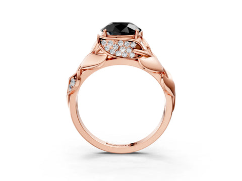 Rose gold Fancy Black Round Cut Solitaire Leaf-Inspired Engagement Ring with Prong Setting_3