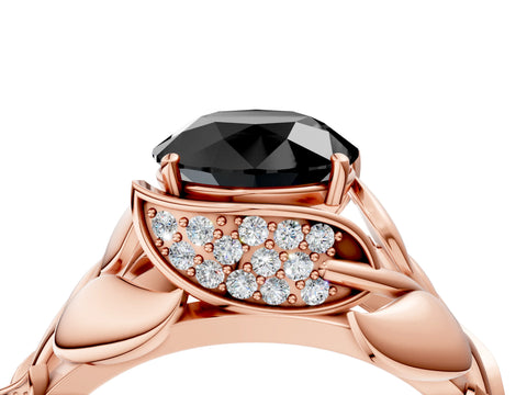 Rose gold Fancy Black Round Cut Solitaire Leaf-Inspired Engagement Ring with Prong Setting_4