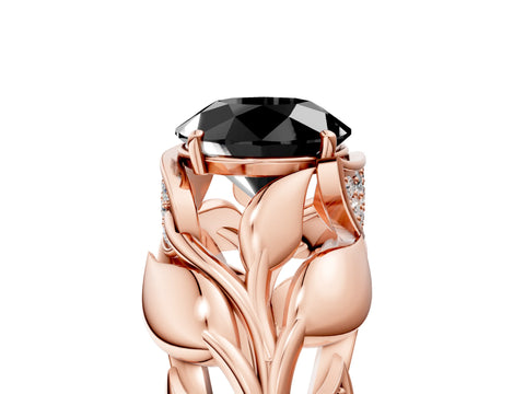 Rose gold Fancy Black Round Cut Solitaire Leaf-Inspired Engagement Ring with Prong Setting_5
