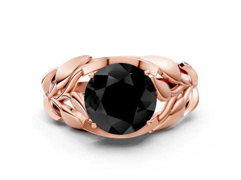 Rose gold Fancy Black Round Cut Solitaire Leaf-Inspired Engagement Ring with Prong Setting
