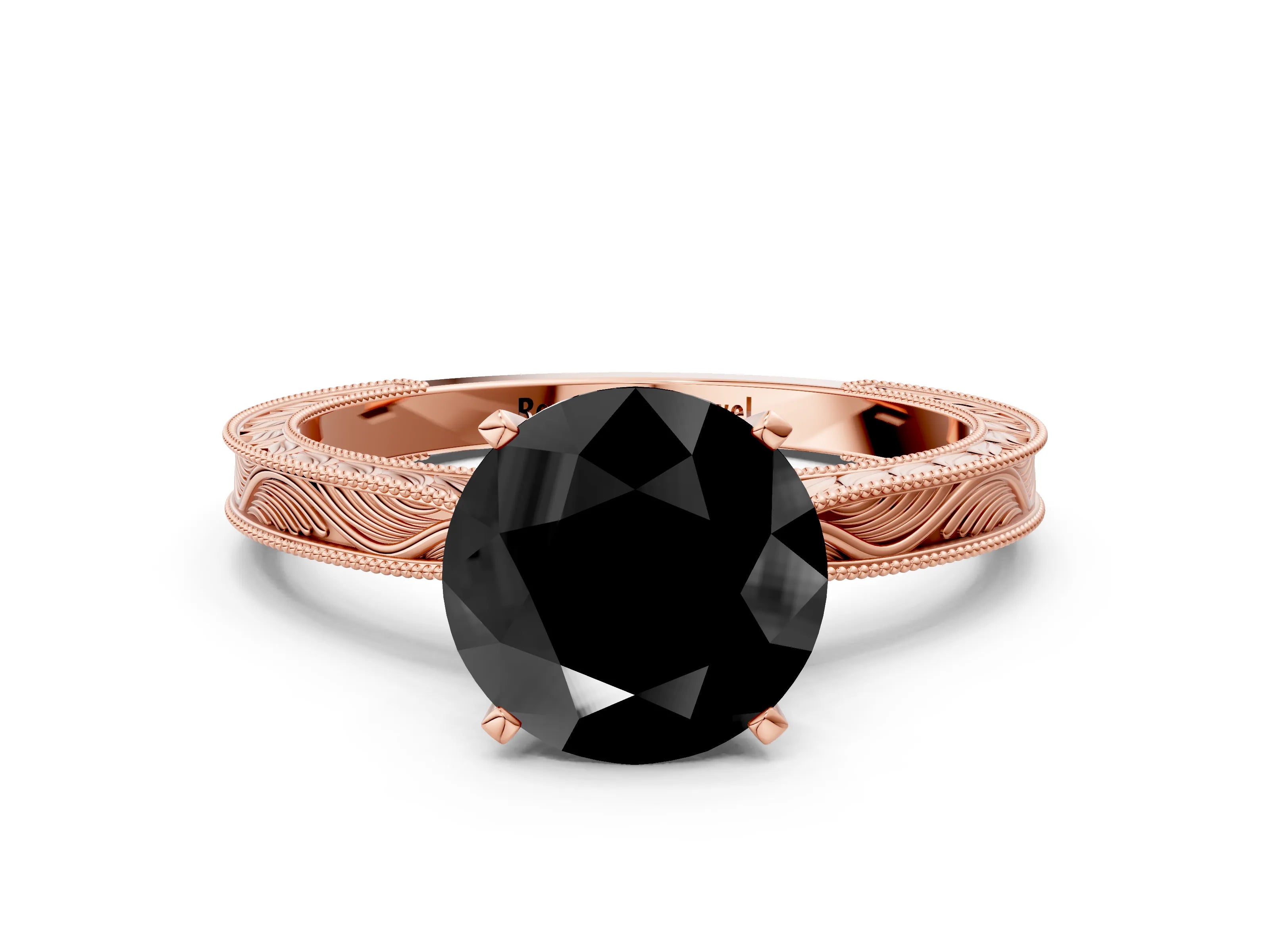 Rose gold Fancy Black Round Cut Solitaire Milgrain Engraved Band with Four-Prong Setting