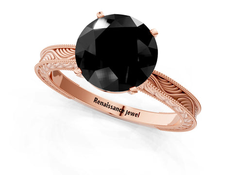 Rose gold Fancy Black Round Cut Solitaire Milgrain Engraved Band with Four-Prong Setting_1