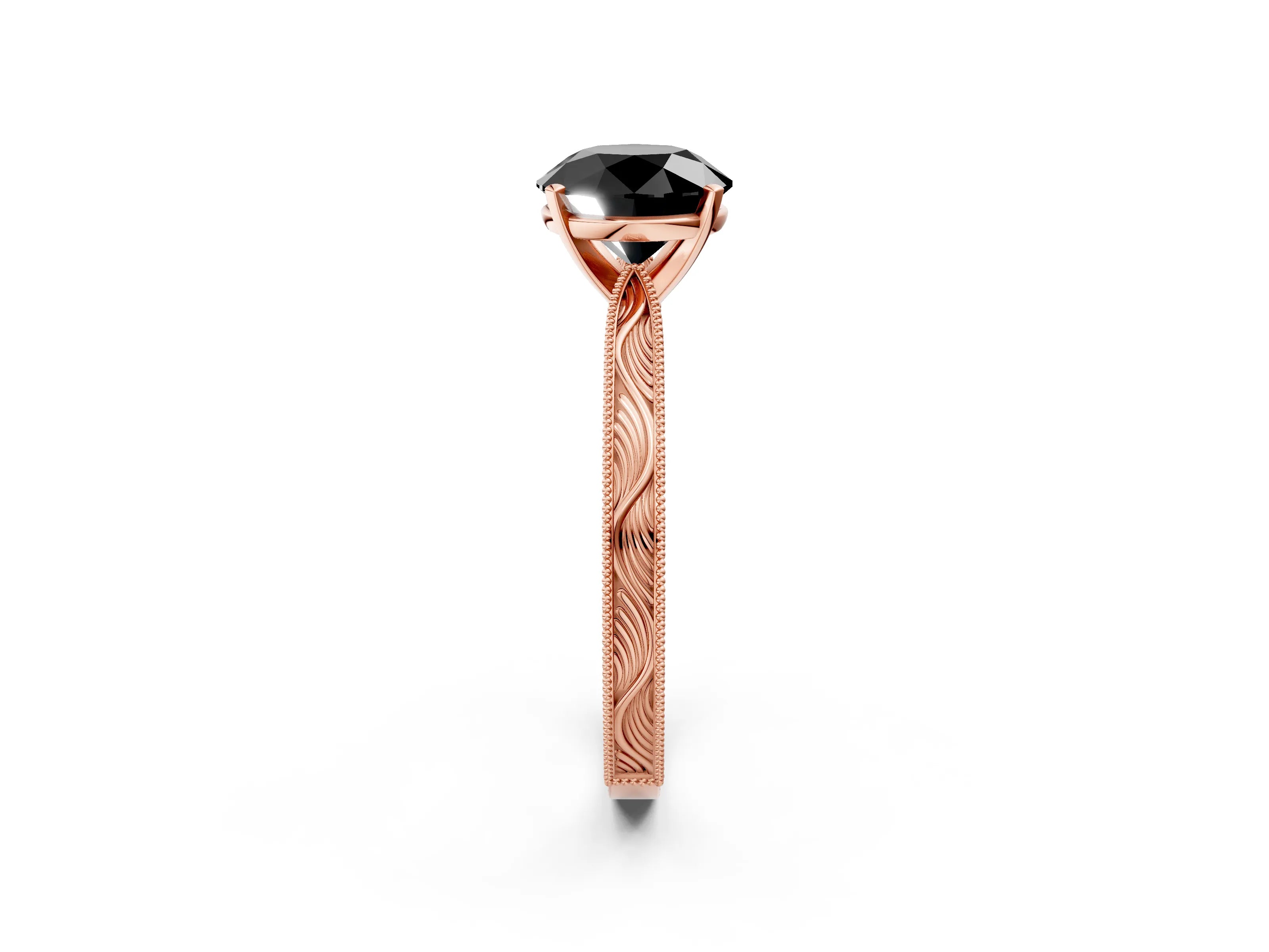 Rose gold Fancy Black Round Cut Solitaire Milgrain Engraved Band with Four-Prong Setting_2