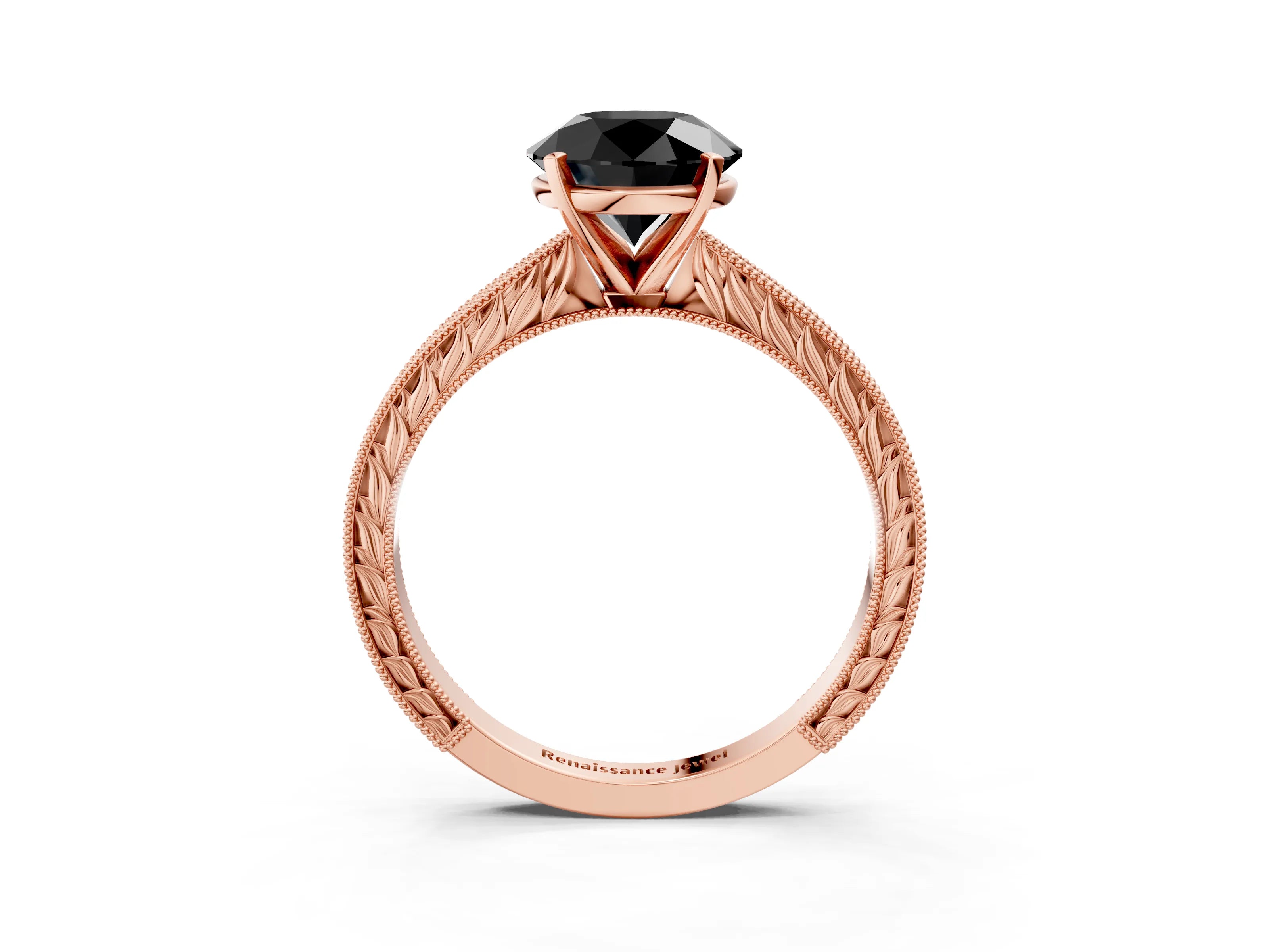 Rose gold Fancy Black Round Cut Solitaire Milgrain Engraved Band with Four-Prong Setting_3