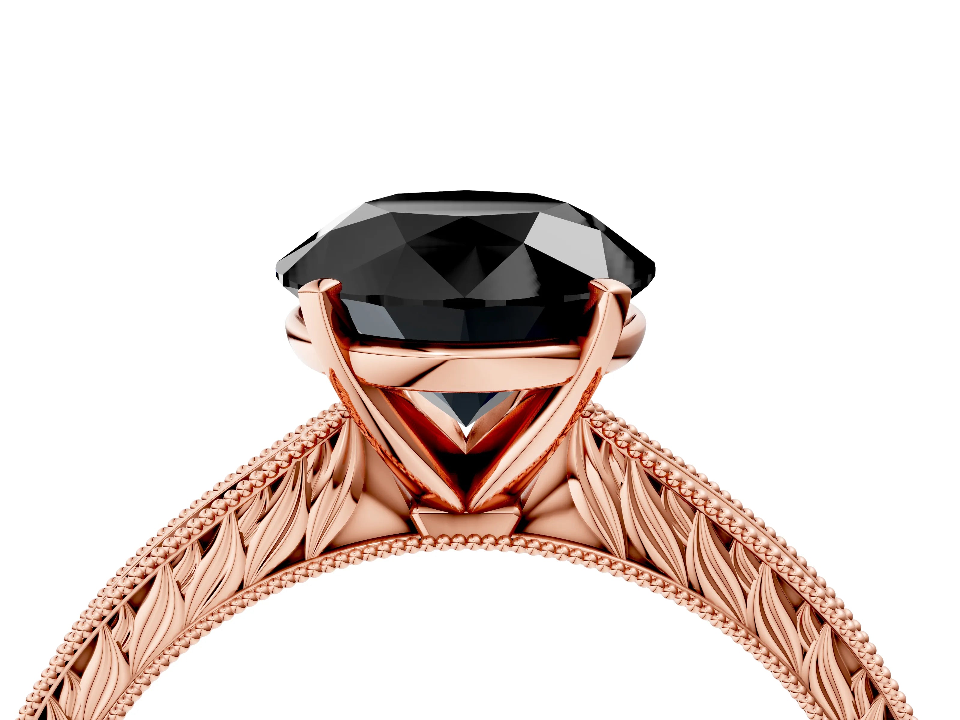 Rose gold Fancy Black Round Cut Solitaire Milgrain Engraved Band with Four-Prong Setting_4