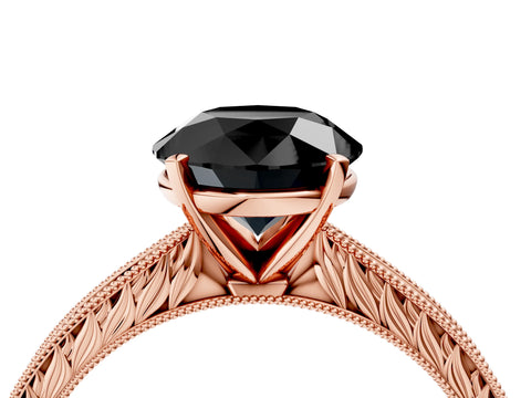 Rose gold Fancy Black Round Cut Solitaire Milgrain Engraved Band with Four-Prong Setting_4