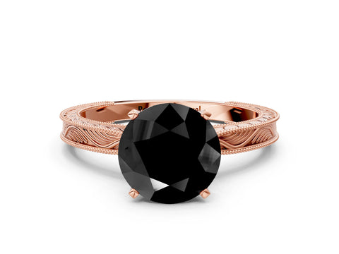 Rose gold Fancy Black Round Cut Solitaire Milgrain Engraved Band with Four-Prong Setting