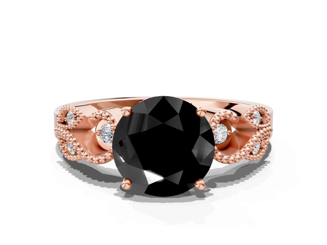 Rose gold Fancy Black Round Cut Solitaire Milgrain Leaf Band with Prong Setting