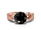 Rose gold Fancy Black Round Cut Solitaire Milgrain Leaf Band with Prong Setting