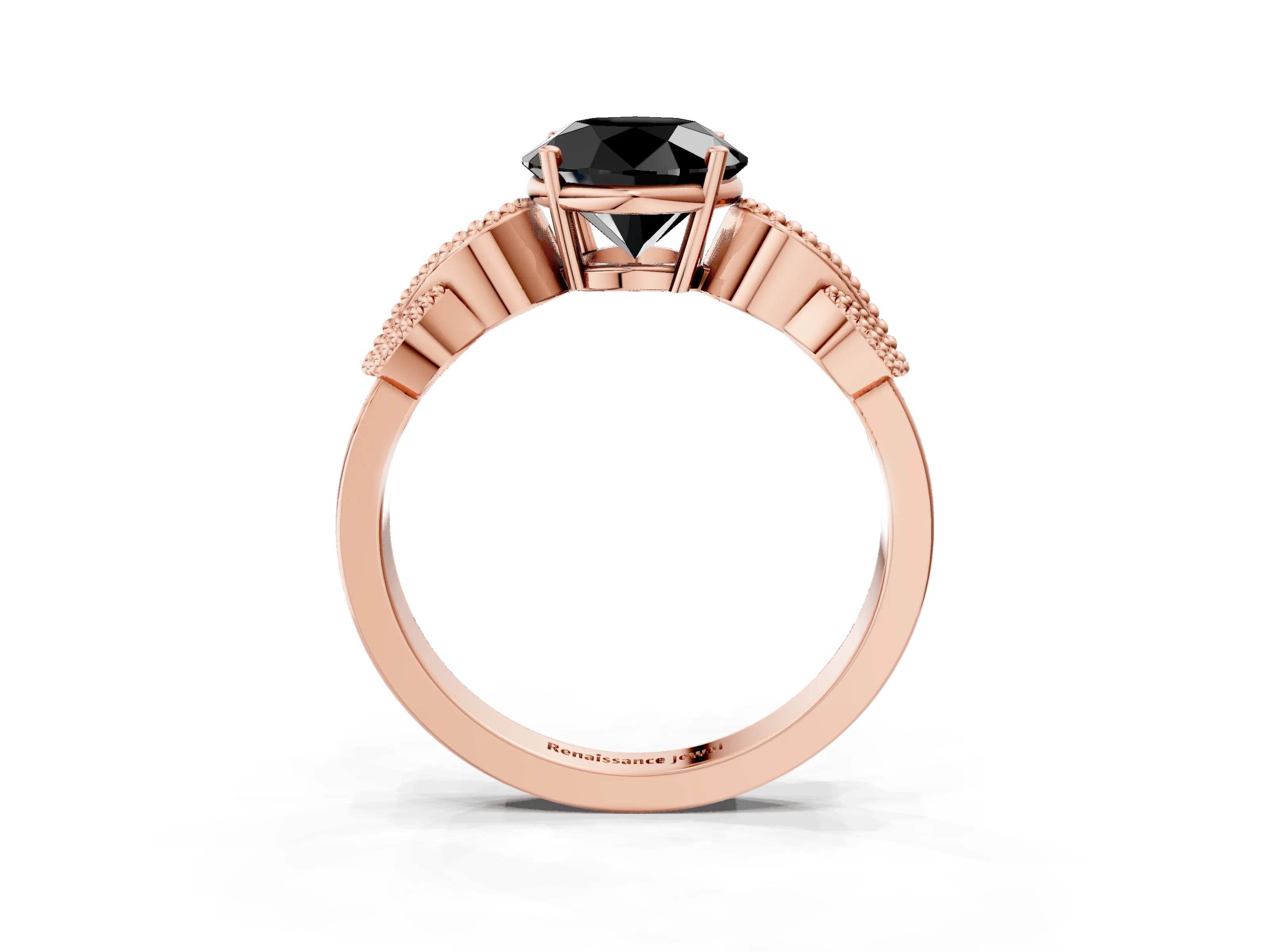 Rose gold Fancy Black Round Cut Solitaire Milgrain Leaf Band with Prong Setting_3