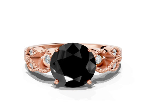 Rose gold Fancy Black Round Cut Solitaire Milgrain Leaf Band with Prong Setting